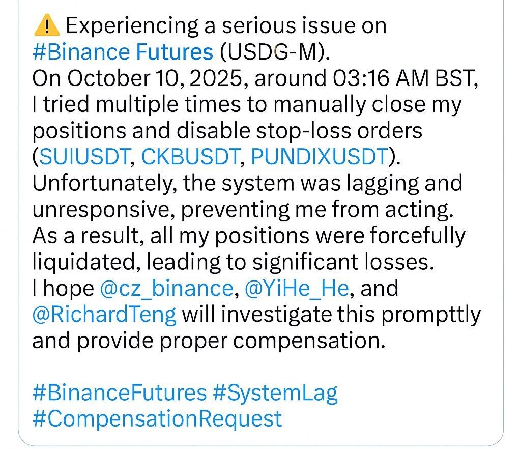 Litonbal1's tweet image. Tweet 1 (Main Issue):

📢 System Failure on Binance Futures — Requesting Fair Review

@cz_binance @heyibinance @RichardTeng On Oct 10, 2025, around 03:06 AM BST, I faced a severe system lag on Binance USDⓈ-M Futures.

Despite multiple attempts to close my positions and disable…
