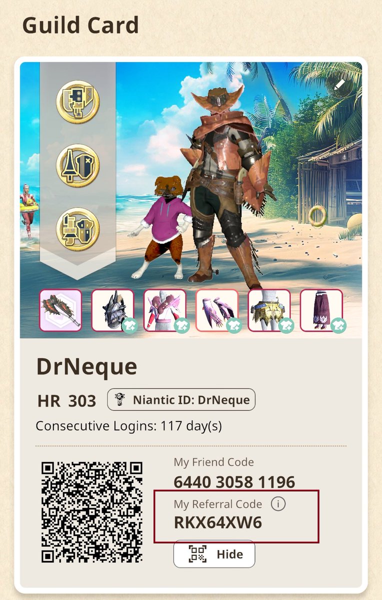 Kind reminder that I play Monster Hunter Now. Like a lot. It's so freakin good (ignore the cowboy (Great Wroggi) armor. I switch layered armors every day like it's real life XD)

If you wanna play too to be friends, use my referral code I highlited in the image.