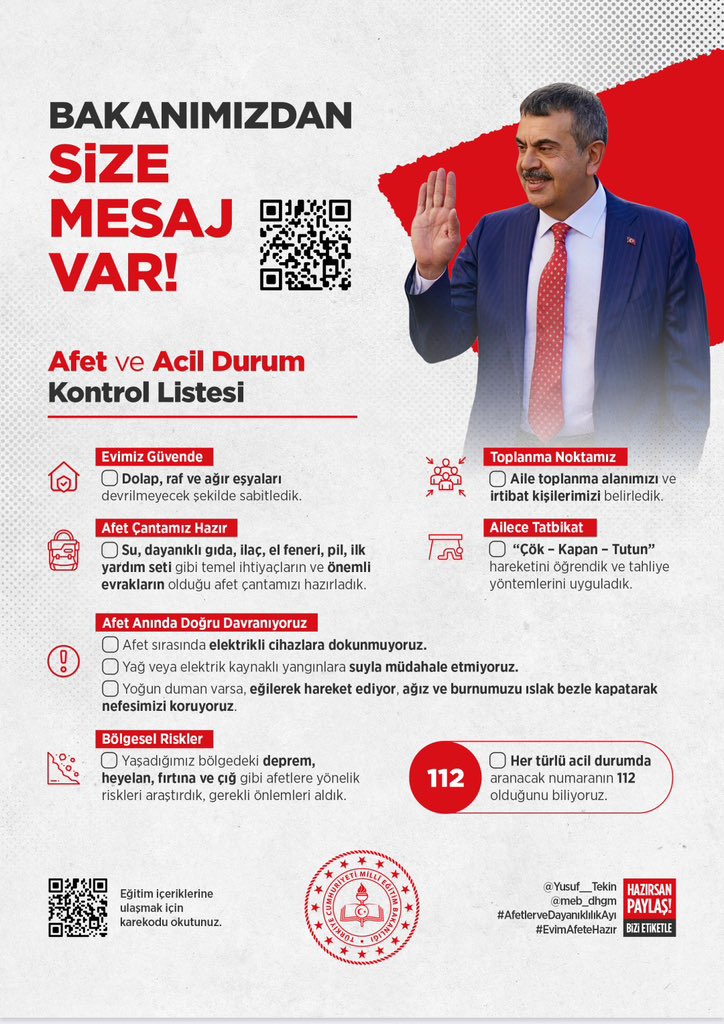 📢 13 Ekim — Uluslararası Afet Risklerinin Azaltılması Günü

🏫 Tüm okullarımızda eş zamanlı tahliye tatbikatı gerçekleştirilecektir.

🎥 Bakanımız Sayın Yusuf TEKİN’in video mesajını içeren Afet ve Acil Durum Kartı velilerimize basılı ya da dijital ortamda ulaştırılacaktır.

👨‍👩‍👧‍👦
