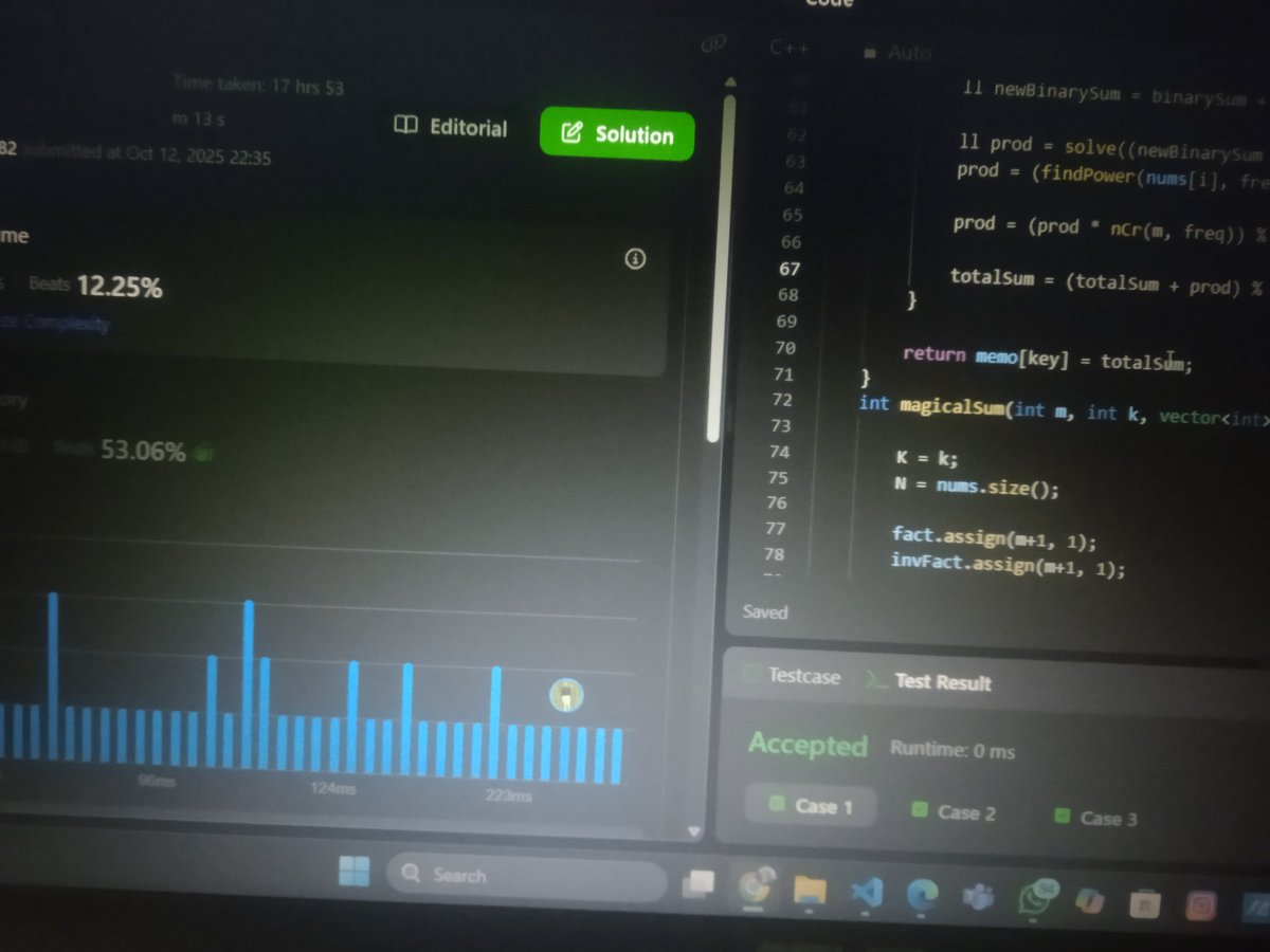 Jatin_lifo82's tweet image. 🌟Day 284 👨‍💻. 
Solve @geeksforgeeks || @LeetCode 
POTD Cpp⚡
Question LC.  Find Sum of Array Product of Magical Sequences 3539 Hard 😏 ✅. 
Question GFG. Distribution Candies Hard ✅. 
#geeksforgeeks #leetcode #DSA #POTD
@LeetCode @geeksforgeeks #CPP25 #CodingChallenge