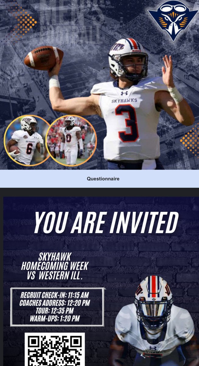 Thank you Coach James and <a href="/UTM_FOOTBALL/">UT Martin Football</a> for the official game day invite.<a href="/CoachHenzmann/">Coach Liam Henzmann</a> <a href="/CoachJakeOwens9/">Jake Owens</a>