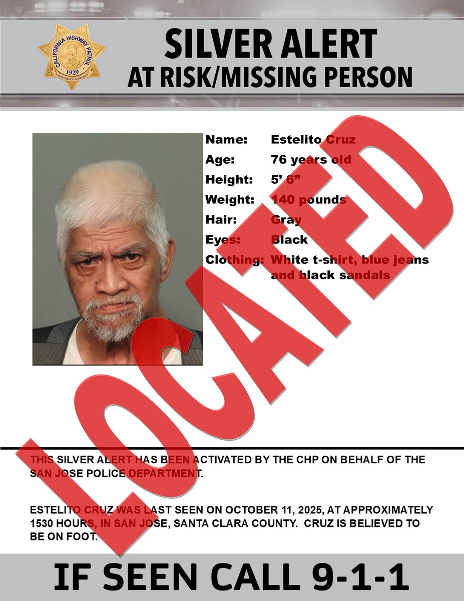 CHPAlerts's tweet image. This Silver Alert has been deactivated.
The subject has been located. 
**********************************
Silver Alert- Santa Clara County
Last seen: Gavilan Drive, and Burdick way, San Jose
@SanJosePD

IF SEEN, CALL 9-1-1