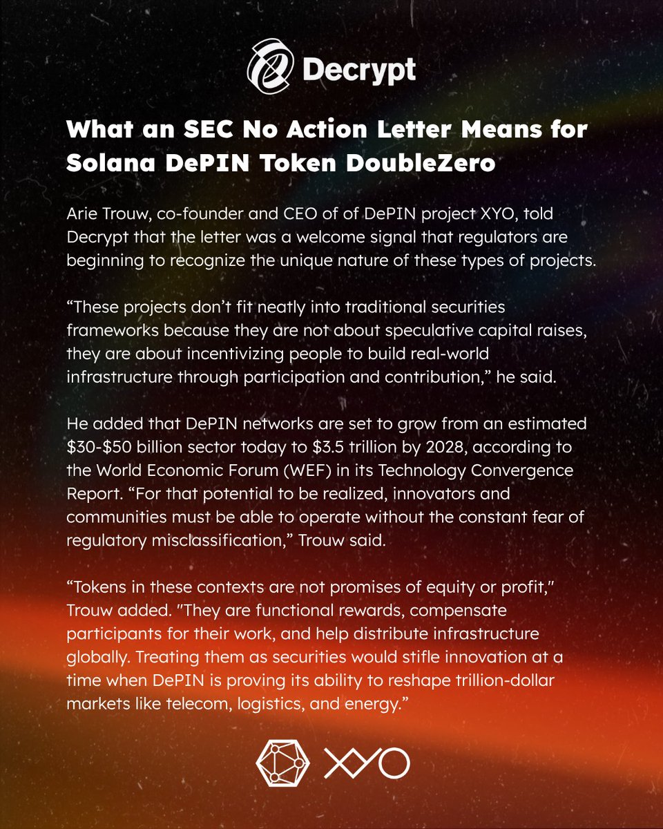 chaino999's tweet photo. Que signifie une lettre de non-intervention de la SEC pour le token DePIN de Solana DoubleZero avec le PDG de XYO @arietrouw via @DecryptMedia ➡️ https://t.co/MbD5AaYJjR https://t.co/TsEQOKmXC7