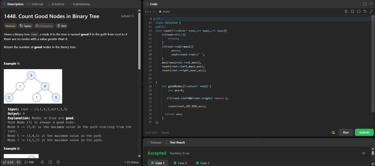 ANNISH_SEN's tweet image. Day 25 of #LeetCode75
Problem: 1448. Count Good Nodes in BT
 Idea:
Use DFS and track the max value seen so far.
Increment count whenever the current node is“good.”

 Time: O(n) 
 Space: O(h)
#LeetCode #75DaysChallenge #Day25 #DSA #BinaryTree #Recursion #CPlusPlus #CodingJourney
