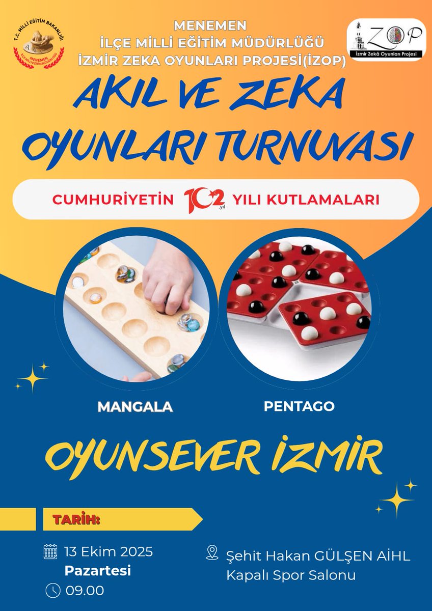 Cumhuriyetimizin kuruluşunun 102. yılı kutlamaları kapsamında Menemen İlçe Milli Eğitim Müdürlüğü koordinatörlüğünde İZOP Akıl ve Zeka oyunları turnuvası düzenlendi.