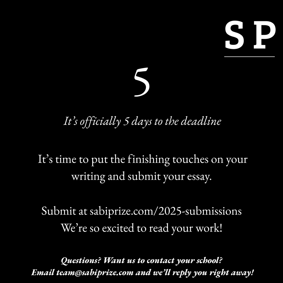 SabiPrize's tweet photo. It's 5 days to the October 17 deadline of the Sabi Prize for Critical Reading and Writing.

Submit your essay now at https://t.co/SM8Kxf1NVT

Questions? Email us via team@sabiprize.com

We can't wait to read your work! https://t.co/MJBonW3p5T