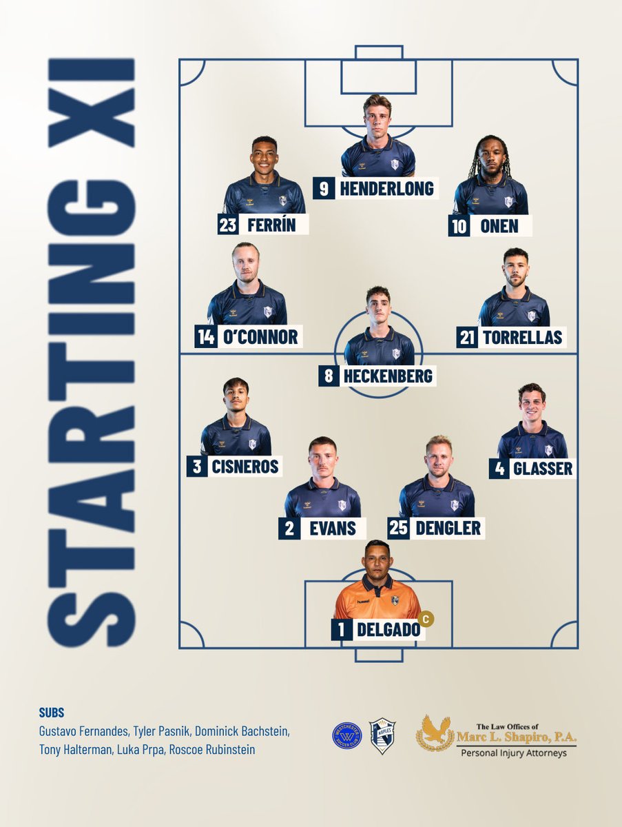 fcnaples_'s tweet photo. Final XI for the last away match of the regular season ✅

Presented by Shapiro Law ⚖️

#FCNaples #WESvNAP #ShapiroLaw #StartingXI #USLLeagueOne https://t.co/LtXrvMppsc