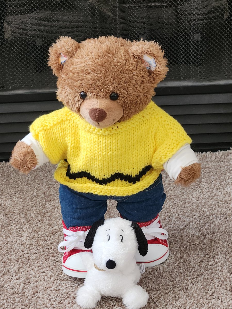 Teddy Bear Lucas has a Snoopy to go with his Charlie Brown sweater. Happy Anniversary 75th Anniversary Peanuts. #teddybearlucas