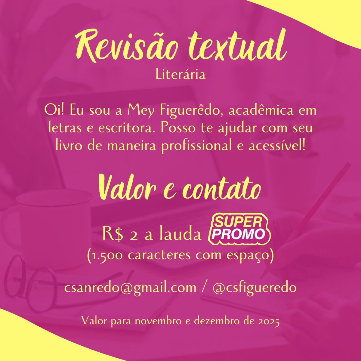 csfigueredo's tweet image. Nos meses de NOVEMBRO e DEZEMBRO, meus serviços de revisão textual e diagramação estão com 50% de desconto!

Garanta seu horário via DM ou e-mail, as vagas são limitadas.

#revisãotextual #escritor #livros #diagramação