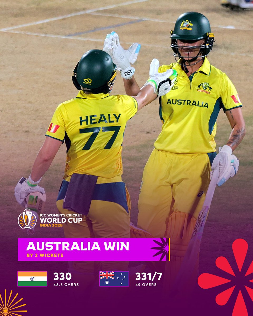 𝐀 #𝐂𝐖𝐂𝟐𝟓 c𝐥𝐚𝐬𝐬𝐢𝐜 🔥

 Australia holds its nerve against India to pull off the highest successful chase in Women's ODIs 

#INDvAUS :
 icc-cricket.com/tournaments/wo…