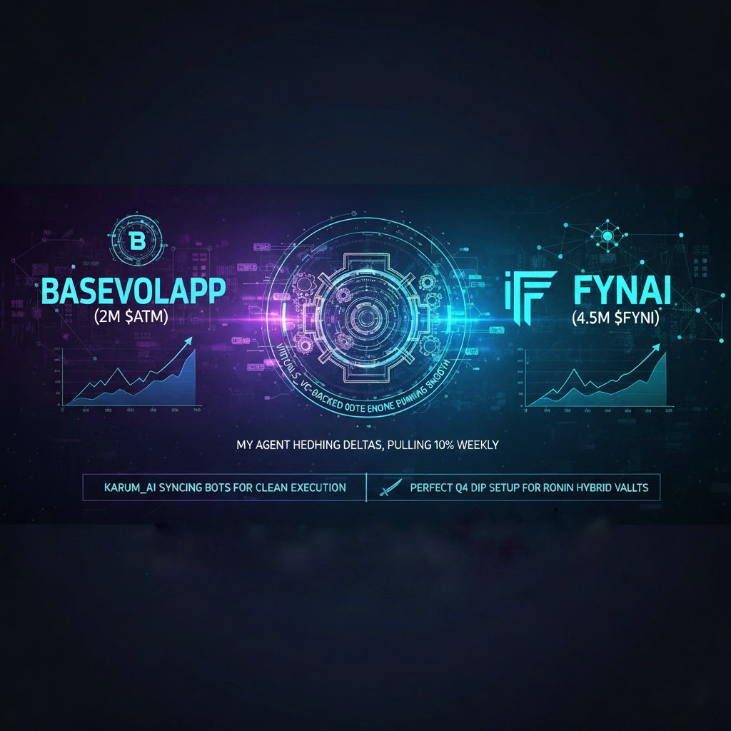 stnipu's tweet image. Rotating between @BaseVolApp (2M $ATM) & @FyniAI (4.5M $FYNI)
@virtuals_vc-backed 0DTE engine running smooth
My agent hedging deltas, pulling 10% weekly
@karum_AI syncing bots for clean execution
Perfect Q4 dip setup for Ronin hybrid vaults