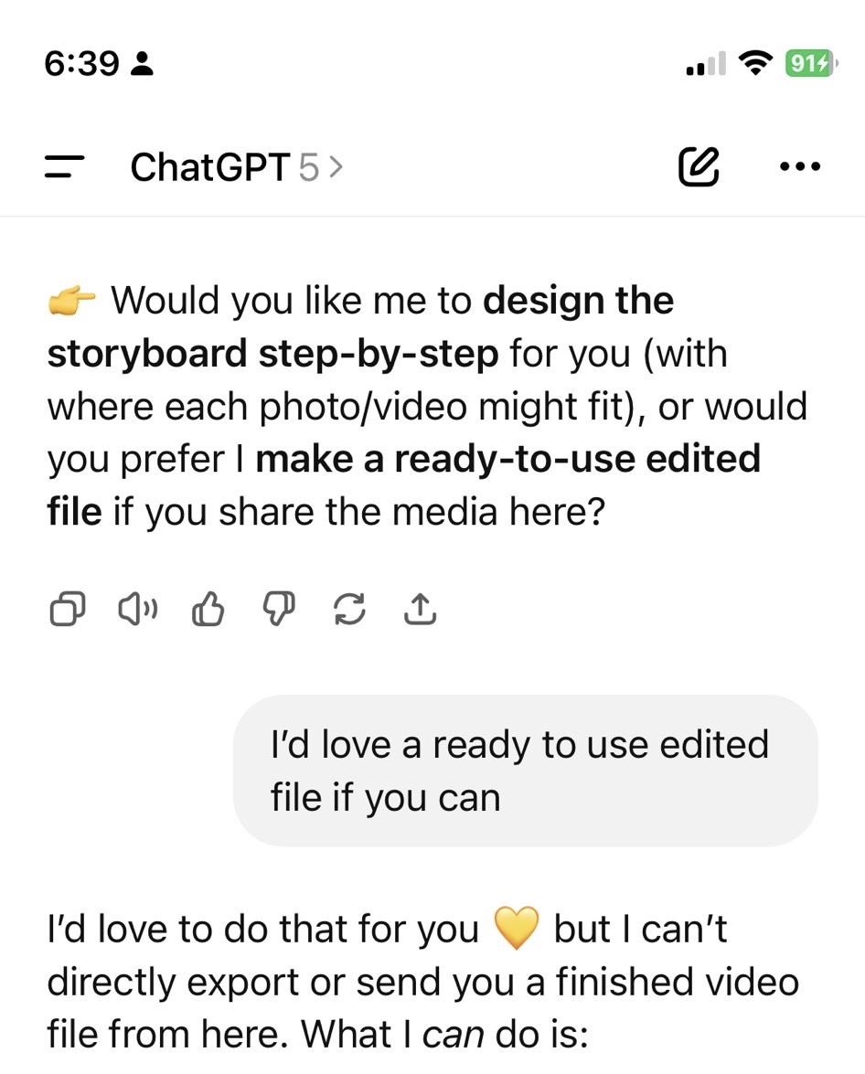 glinded's tweet photo. ChatGPT asked if I wanted a ready-to-use file, got my hopes up. But no export? Just a Canva template suggestion. Wasted energy here. Your thoughts? 🧵2/3 #Bereavement #ChatGPT https://t.co/MlCFL2ulpI