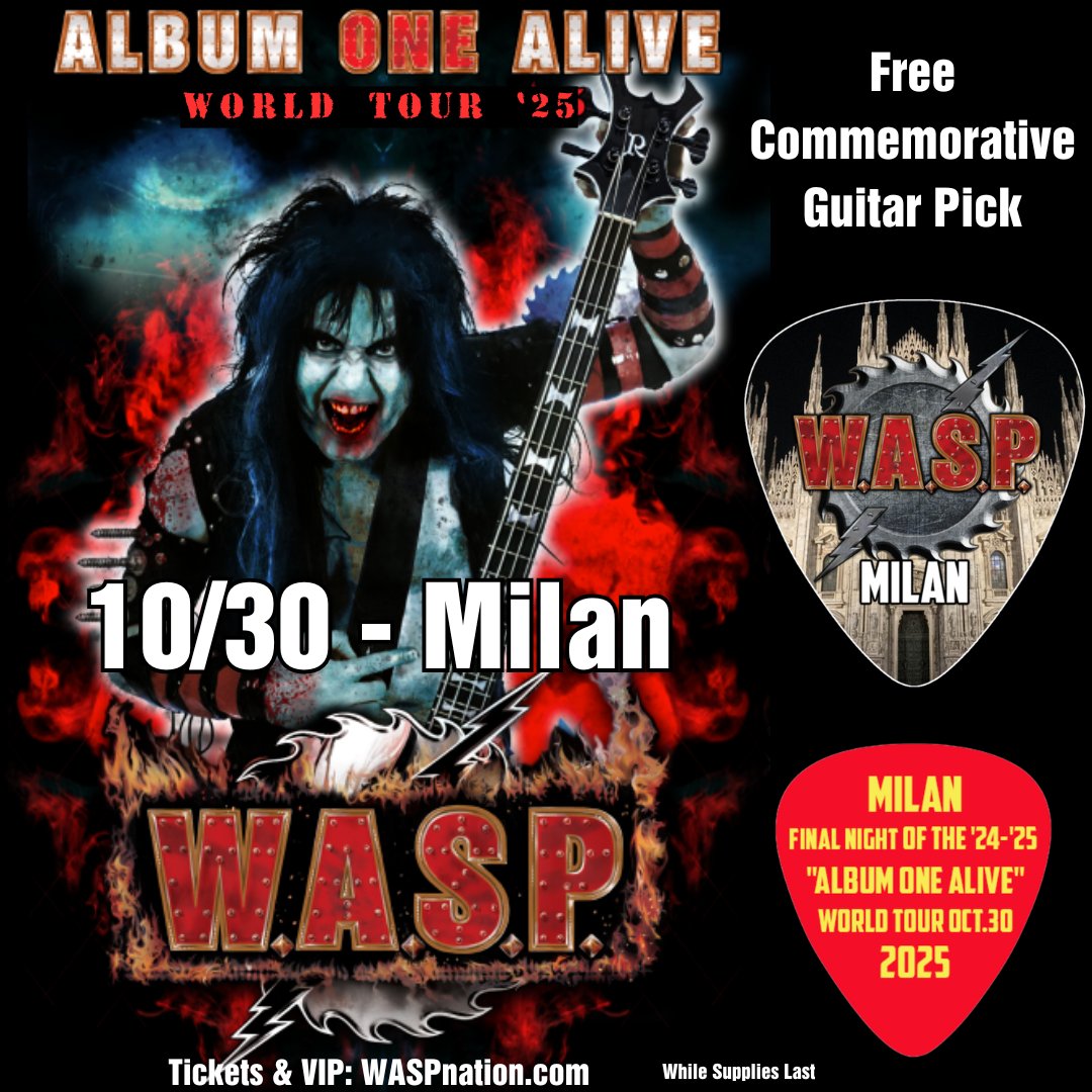 WASPOfficial's tweet image. To commemorate the end of the W.A.S.P. Album ONE Alive world tour every fan attending the final show of the tour in Milan, Italy will get a free guitar pick. Get your ticket today to Milan bnds.us/r0zzt7