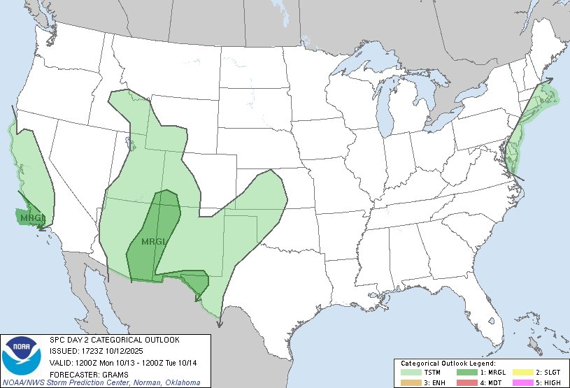 NWSSPC's tweet image. 12:25pm CDT #SPC Day2 Outlook Marginal Risk: in parts of the Southwest States spc.noaa.gov/products/outlo…