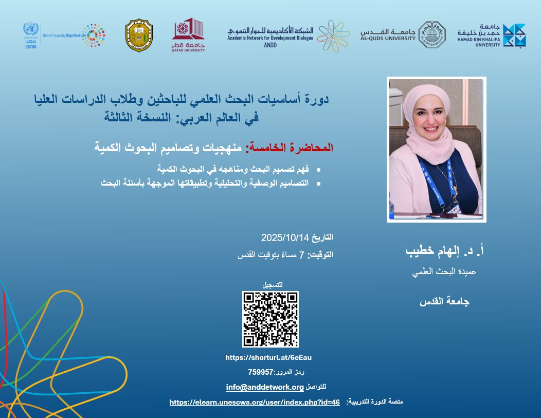 This week’s session will explore Quantitative Research Designs and Methodologies — a core pillar of scientific inquiry.
To attend the session, please register here: alquds.zoom.us/webinar/regist…
To access all materials and updates, enroll here: elearn.unescwa.org/user/index.php…