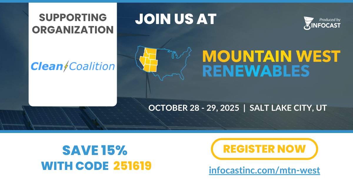 Clean Coalition is proud to support the Mountain West Renewables Summit! 🌄

Oct 28–29 | Salt Lake City, UT

⚡ $70B in clean energy investment
⚡ Grid coordination, policy, &amp; transmission
🎟️ Save 15% → Code: 251619

clean-coalition.org/news/mountain-…