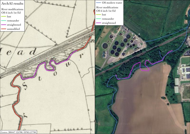 .<a href="/ickkramer/">Dr Iris Kramer</a> - For #WorldRiversDay shares - Left: Historic mapping showing meandering channels and wet valley bottoms. Right: Modern OS NGD river lines overlaid on satellite imagery, showing where channels were straightened.
