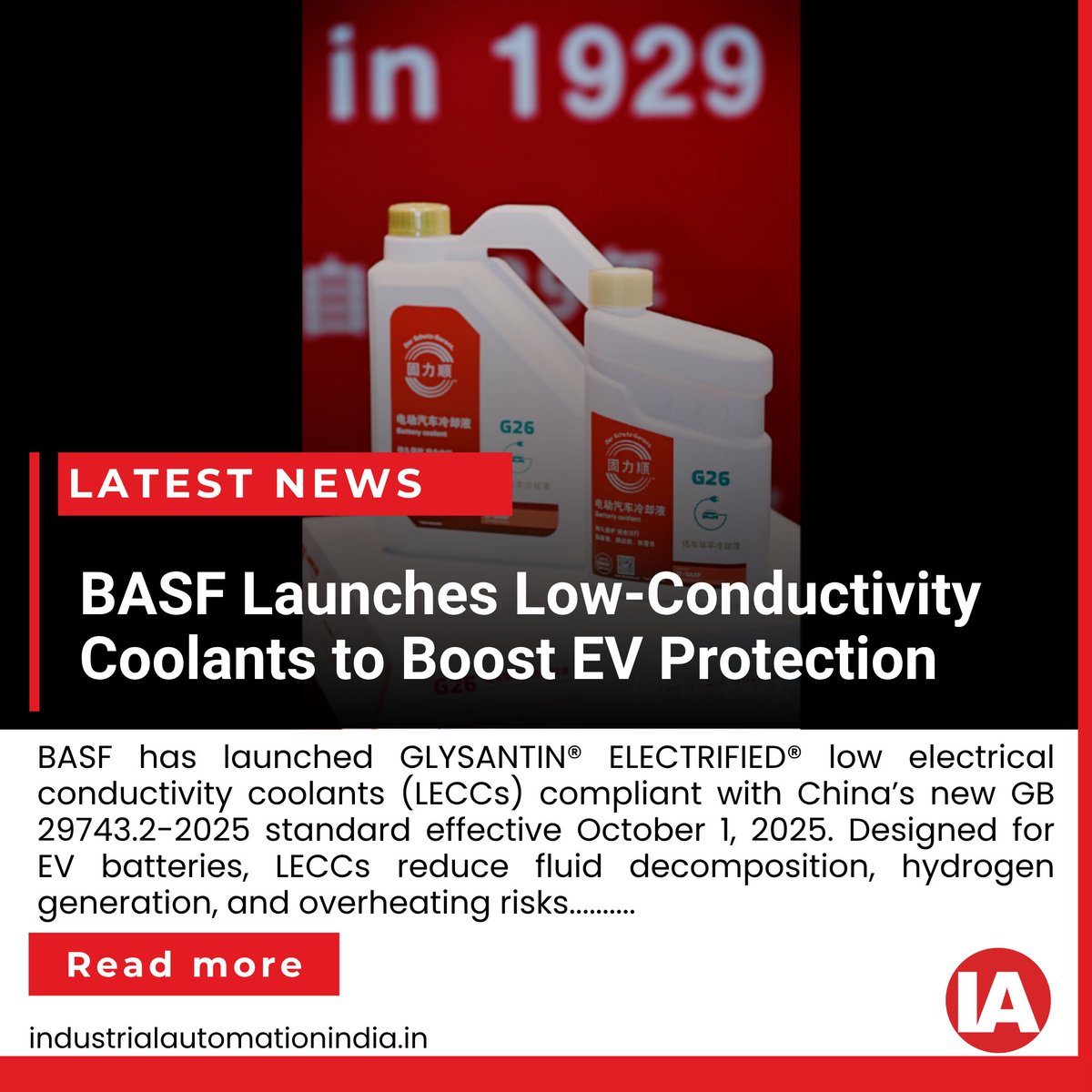 Benichettiar's tweet image. BASF Launches GLYSANTIN® ELECTRIFIED® Low Electrical Conductivity Coolants for Enhanced EV Battery Safety BASF introduces its latest innovation, GLYSANTIN® ELECTRIFIED® low electrical conductivity coolants (LECCs)........

Read More - industrialautomationindia.in/news/basf-low-…