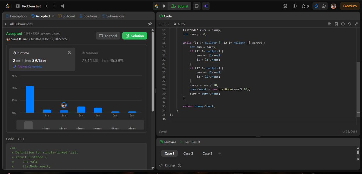 AIDev_Sumit's tweet image. Day 81:
Solved Add Two Numbers (LeetCode #2) using linked lists 💪
Learned how to handle carry propagation and dynamic node creation efficiently in C++!
Got it accepted ✅ — runtime 2ms ⚡
#100DaysOfCode #LeetCode #CPlusPlus #CodingJourney