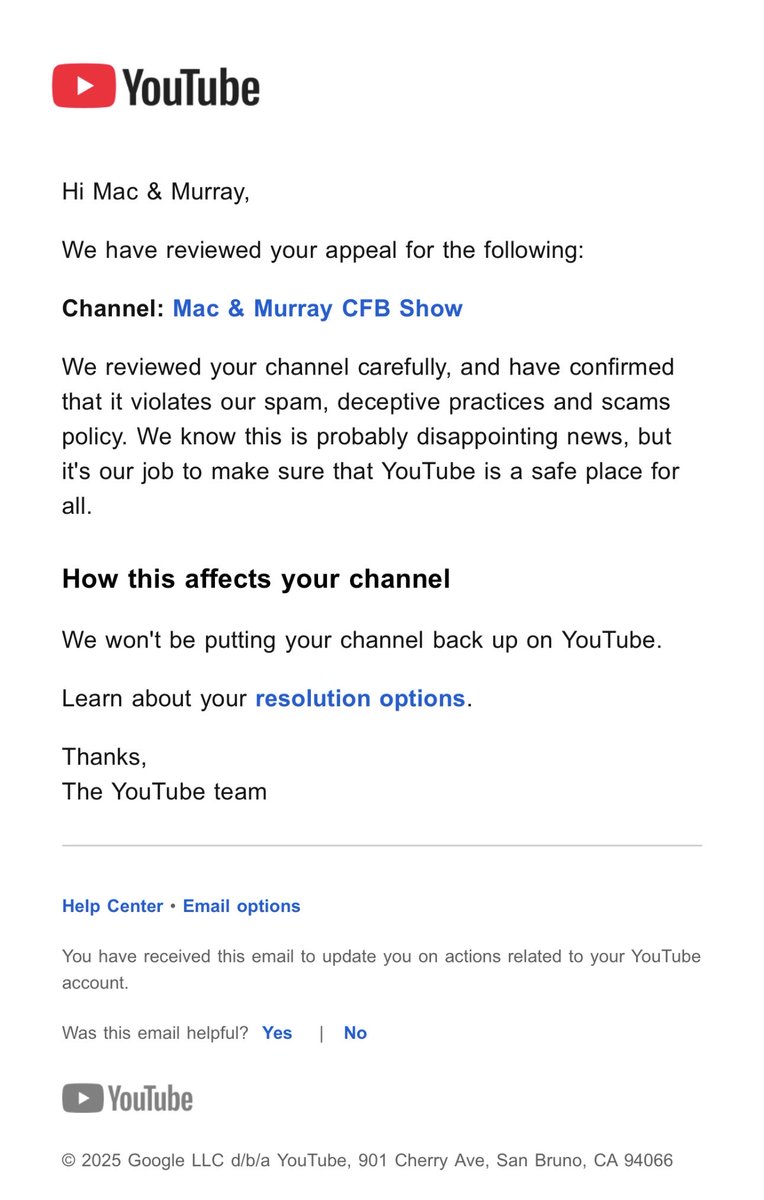 Hey <a href="/TeamYouTube/">TeamYouTube</a> — our Mac &amp; Murray CFB Show channel was terminated for “spam/deceptive practices,” but we’re a legitimate college football analysis and podcast show.

We only post original commentary, weekly previews, film breakdowns, and guest interviews. No spam, scams, or