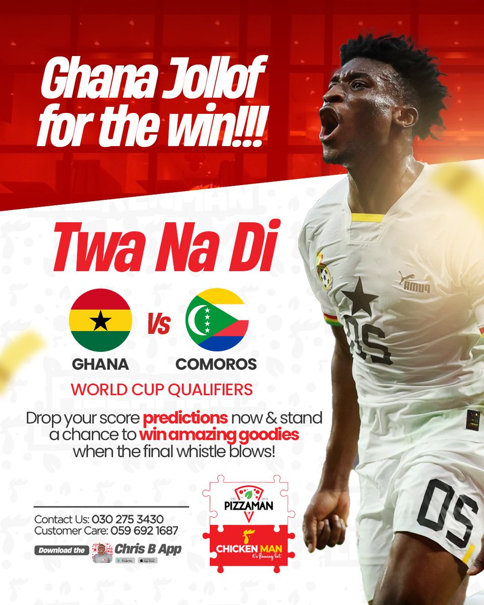 pizzamanghana's tweet image. World cup QF:  GHANA  vs COMOROS

Predict the correct score and win a special package ( Five winners )
Use the hashtag  #PizzamanTwaNaDi