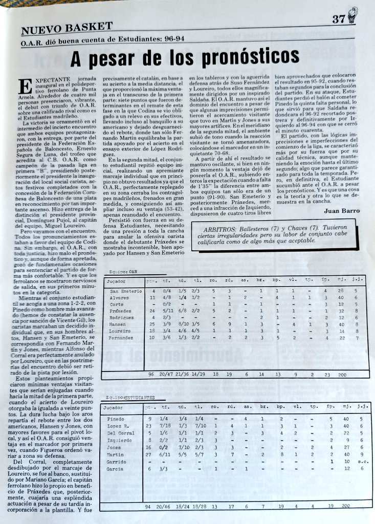La crónica de Juan Barro para #NuevoBasket de aquel primer partido y primera victoria oarista en Liga Nacional #TalDíaComoHoy hace 45 años #Ferrol 12/10/1980 #ArchivoOAR