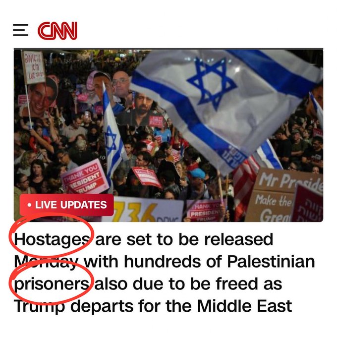 Crowd at a protest holding signs and Israeli flags with a Star of David, including messages like Make the Great and Thank You Mr President, overlaid with CNN logo and live updates banner, text highlighting hostages release and Palestinian prisoners freedom as Trump heads to Middle East.