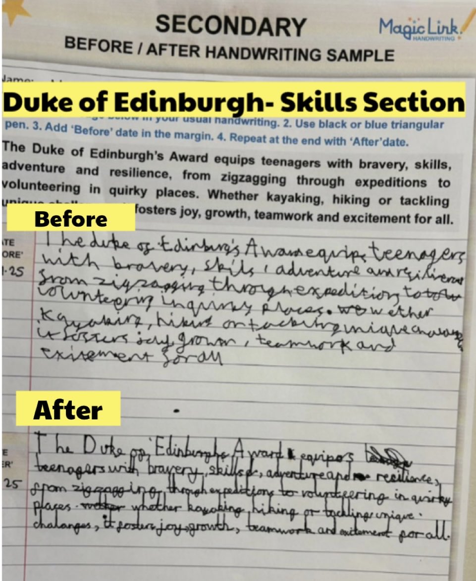 LeeDein's tweet image. 🎉 The Duke of Edinburgh’s Award builds confidence and life skills! Huge thanks to Hania Felt In Wimbledon for transforming our pupils&apos; handwriting! 📚✨ 

Check out the Magic Link Handwriting programme: rb.gy/phc2mj

#DofE #Handwriting #MagicLink #Education #GCSE