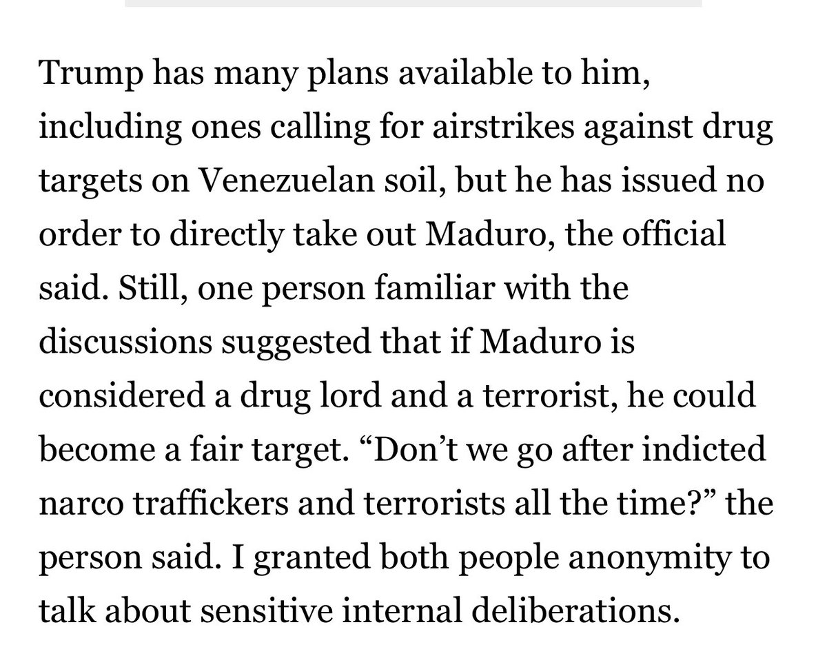 OrlvndoA's tweet image. #AHORA | POLITICO:

Fuente de la administración cercana a las discusiones sobre Venezuela dice que Maduro, al ser considerado un capo del narcotráfico y un terrorista, podría ser objetivo directo de un bombardeo.
