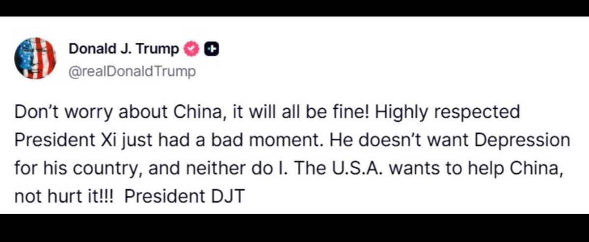 Trump says not to worry about China. But this is not a policy reversal rather a pressure valve release: Trump floated a big stick to force China's hand on rare earths, got a tough reply &amp; now dangles a carrot to negotiate without looking weak.