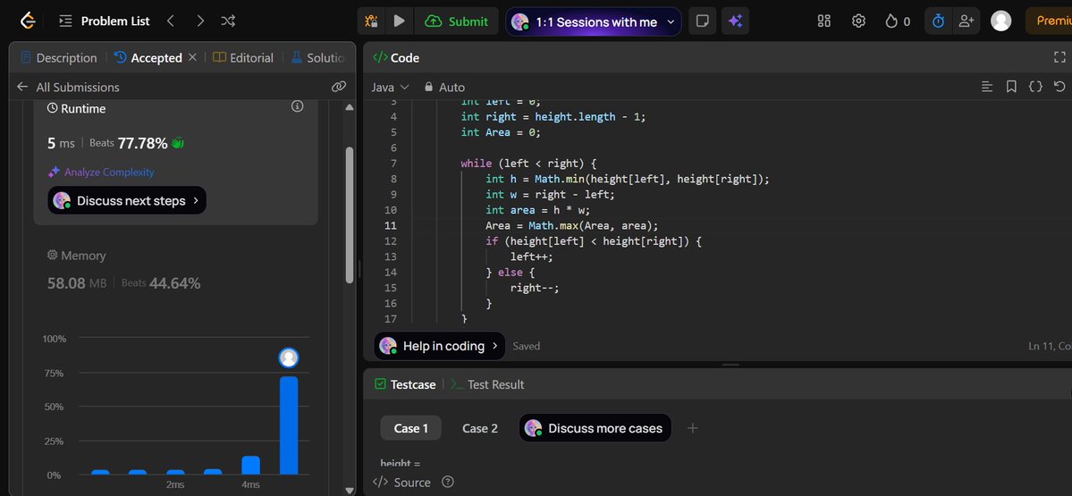 SoumyajitSingh_'s tweet image. Day 15/100 – #LeetCode100DaysChallenge
Problem: Container With Most Water
Time: O(n) | Space: O(1) | Runtime: 5 ms (beats 77.78%)
Every line of code takes you closer to mastery.
#100DaysOfCode #LeetCode #Java #DSA #TwoPointer #ProblemSolving #CodingChallenge #Zigbee