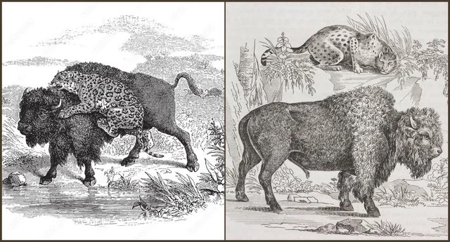 Old artwork of a jaguar in North America preying on adult bison. African lioness and Bengal tigress can kill adult buffalo, and male jaguar are in the same size range as a lioness or tigress, so there’s no reason to believe why a male jaguar couldn’t do the same.