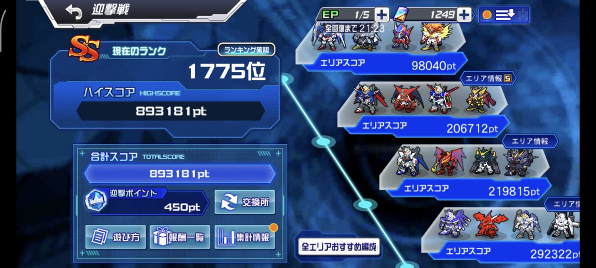 とりあえず15戦はできたし、１戦ずつマニュアル操作でやってSSは届いた。

確認してみると800位が103万くらいだったので初戦からしっかり確認しながらアレコレやってたら800位タッチは出来てたかも？！

次回以降で時間取れる時に狙ってみよ！

#スパロボdd
#迎撃戦