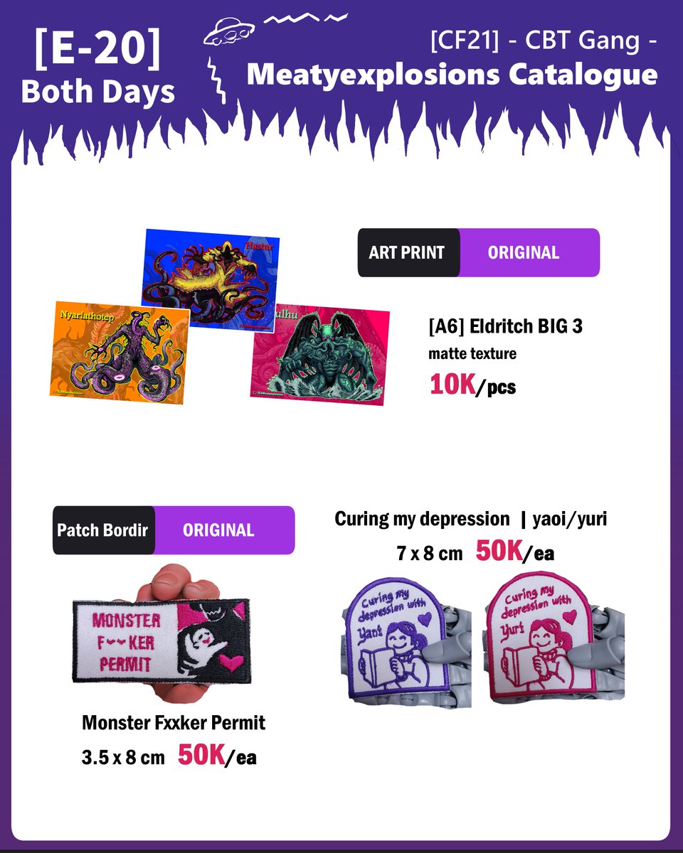 [❤️ &amp; 🔁 are appreciated]
🥩Meatyexplosions #cf21catalogue OTS only 🥩

👽fandoms: Original, Gbf, Umamusume, Death note, Silent hill f, Megido72
👽Circle: CBT Gang (E-20)

(1/2)
Feel free to come and visit me and my friends booth on both days~! 👽🐰🍓🐹 #comifuro21 #CF21