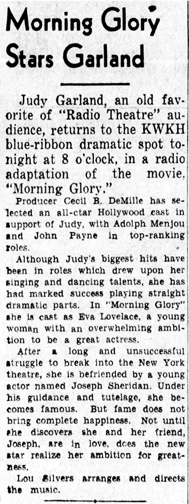 TheJudyRoom's tweet photo. October 12, 1942: Judy Garland starred in the radio version of "Morning Glory" on the CBS Radio show "Lux Radio Theater."
I'll Remember April https://t.co/hrxXuJGs68
Listen to the entire show here:
https://t.co/qRrZjg0kEK
#judygarland #luxradiotheatre #cbsradio #thejudyroom https://t.co/4bXASWCqmB