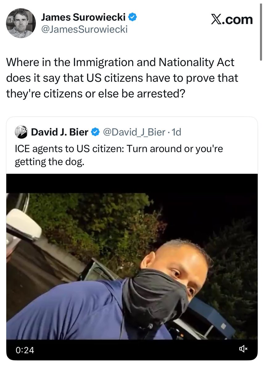 JamesSurowiecki's tweet image. The guy being interrogated in this video is a native-born U.S. citizen. He answered the agents&apos; questions truthfully, and gave them his driver&apos;s license. And they still dragged him in and held him for hours. So what? You have to carry a passport or your birth certificate or else…
