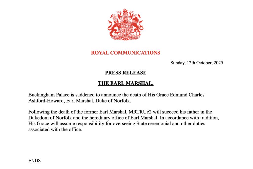 RPUK_BBC's tweet photo. 🚨 BBC BREAKING

Buckingham Palace announces the death of the Duke of Norfolk, His Grace Edmund Charles Ashford-Howard.

His son, MRTRUe2 will succeed his titles. https://t.co/ejVIrvabPW
