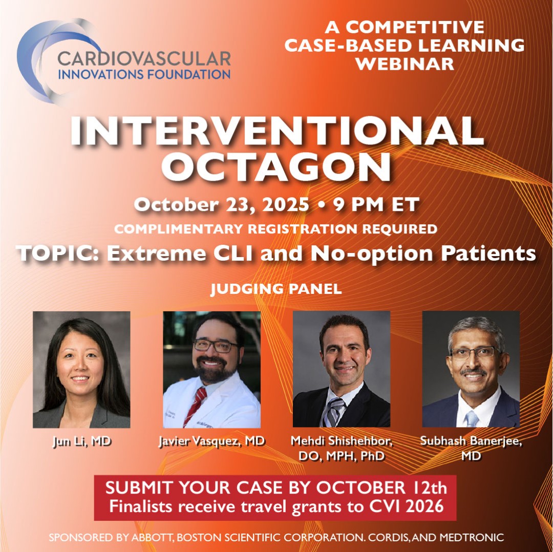 cvinnovations's tweet image. Case submission deadline is TONIGHT! The #Peripheral Interventional Octagon &quot;Extreme CLE and No-Option Patients&quot; on 10/23 @ 9 pm ET. CVI 2026 travel grants to finalists. Details at: cvinnovations.org/2025/09/08/int… #cardiology @UHVascular @shishem @JunLiMD