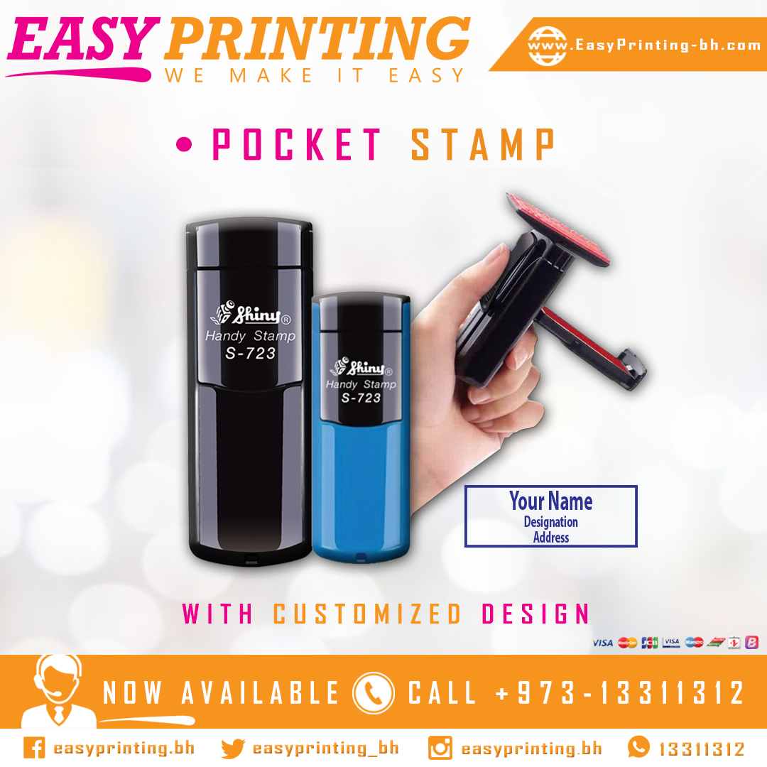 easyprinting_bh's tweet photo. ● Get your Pocket Stamp with Customized Text & Design available with Our Free Delivery Service! For orders, Call or WhatsApp: +973-13311312. #EasyPrinting #WeMakeItEasy #Bahrain #Riffa #Manama #Hidd #Muharraq #Zallaq #Hamadtown #Arad #Isatown #Amwaj #Hamala #Juffair #Busaiteen
#ايزي_برينتنج #نحن_نجعلها_سهلة #البحرين #الرفاع #المنامة #الحد #المحرق #الزلاق #مدينةحمد #عراد #مدينةعيسى #أمواج #همالا #الجفير #البسيتين