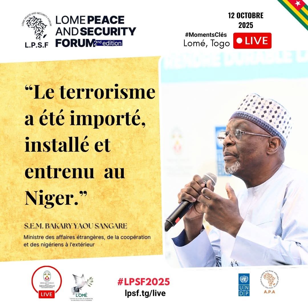 #Togo #Lomé #Niger  #LPSF2025
Forum de Lomé sur la #Paix et la #Sécurité: “Le terrorisme a été importé,  installé et entrenu  au Niger.” H.E. Mr. Bakary Yaou Sangare, ministre des affaires étrangères du Niger. 
 #PeaceAndSecurity  #FutureOfPeace