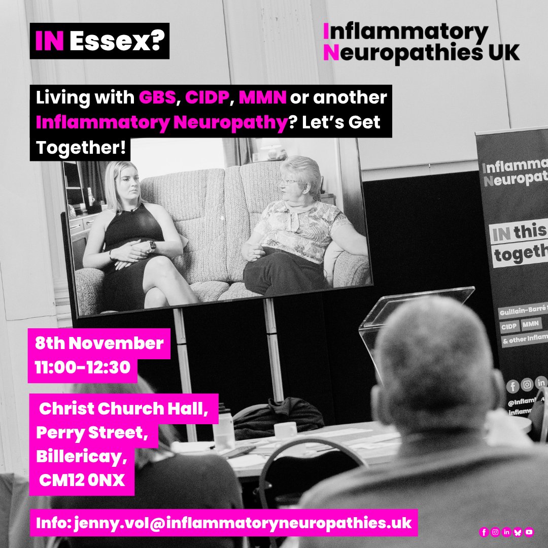 InflamNeuroUK's tweet image. We're proud to reveal the location of our brand new Inflammatory Neuropathies UK Local Get Together - we're going to be IN Essex!

8th Nov

Christ Church Hall,
Perry Street,
Billericay
CM12 0NX

11:00 - 12:30

#InflammatoryNeuropathiesUK #GetTogether #Essex #GBS #CIDP #MMN