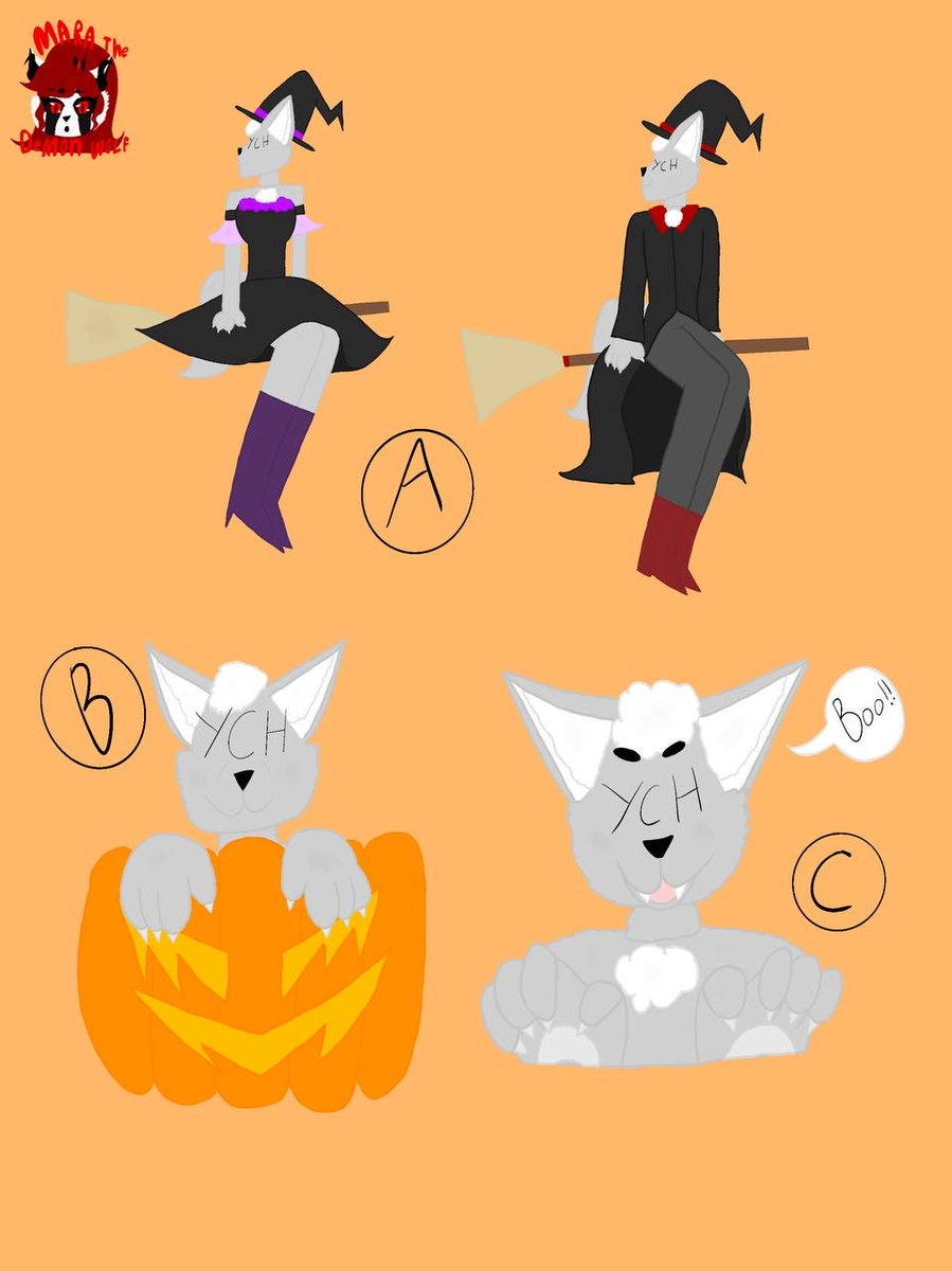 demonwolfcreate's tweet photo. Here some Halloween ychs 
There are 3 options 
A, B and C
$15 each 
Can be any Gender
Can be any Species

Available on my kofi
https://t.co/BzmCjZXu3N https://t.co/zQnn57kCnx
