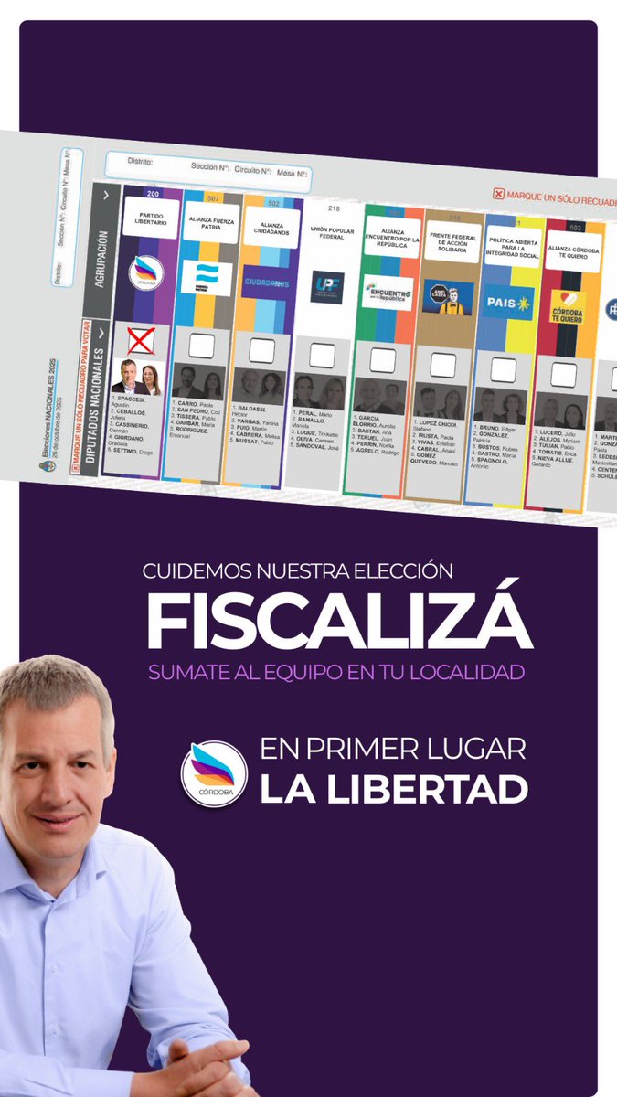 PLibertarioCba's tweet photo. Este 26 de Octubre 🗳️ FISCALIZÁ 🙌🏻
---
Sumate al equipo en tu Escuela
👉🏻 https://t.co/GghLGhnMU3
---
✅ Cuidemos los votos conseguidos
✅ Cuidemos la LIBERTAD ganada
#PartidoLibertario
#Cordoba
#AgustinSpaccesi
#Elecciones2025 https://t.co/u9J3HPIn5s