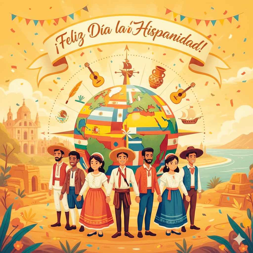 ¡Feliz Día de la Hispanidad!
​Hoy celebramos la riqueza de nuestra cultura, la diversidad de nuestros pueblos y el lazo que nos une a través de la historia y el idioma.
​Que este día esté lleno de alegría, reflexión y orgullo por todo lo que compartimos.
​¡Un fuerte abrazo!