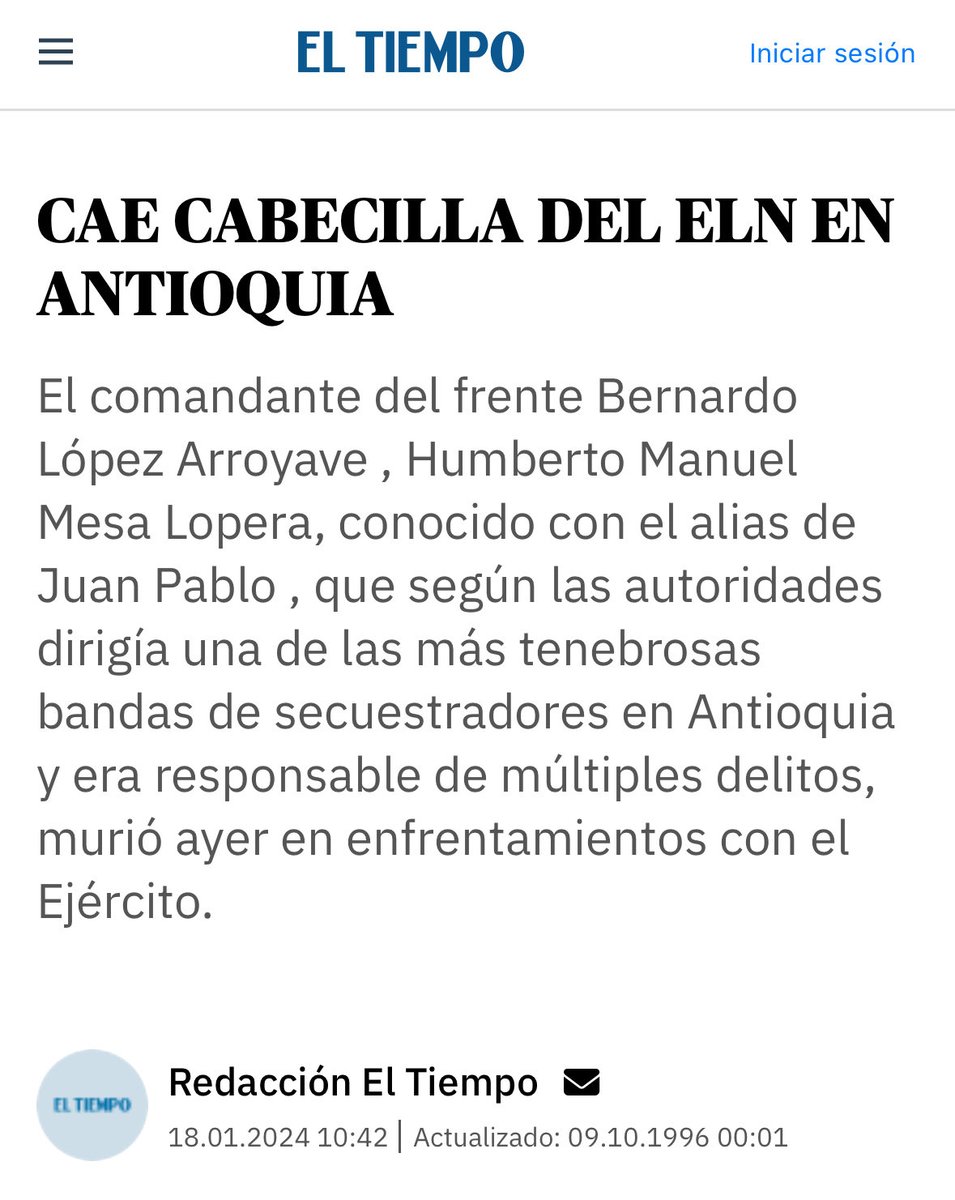 Sergio Mesa 🏳️🌈 (@sermeca) on Twitter photo Me escribe una fuente que avanza en la lectura del libro de <a href="/DianaSalinasP/">DianaSalinasPlaza</a>: El laberinto del Parqueadero Padilla. Al llegar al capítulo donde se habla de la muerte de Humberto Mesa Lopera, alias ‘Juan Pablo’, comandante del Frente Bernardo Pérez Arroyave del ELN, en el Nordeste, Me escribe una fuente que avanza en la lectura del libro de <a href="/DianaSalinasP/">DianaSalinasPlaza</a>: El laberinto del Parqueadero Padilla. Al llegar al capítulo donde se habla de la muerte de Humberto Mesa Lopera, alias ‘Juan Pablo’, comandante del Frente Bernardo Pérez Arroyave del ELN, en el Nordeste,