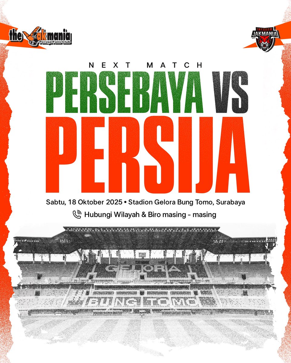 Persebaya vs Persija
Silahkan hubungi wilayah dan biro masing-masing. 

#InfokomJakmania
#PersijaSelamanya