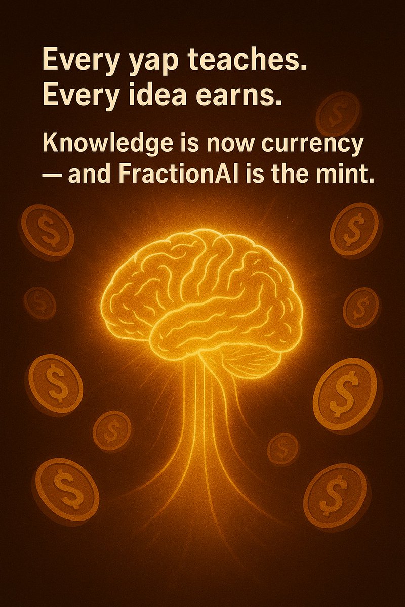 Dha_sage's tweet photo. Every yap teaches.
Every idea earns.
Knowledge is now currency — and FractionAI is the mint.
#FAPSChallenge #Web3AI @FractionAI_xyz
Image Concept 🎨:
Golden light beam shaped like a brain, surrounded by token symbols. https://t.co/v7e1TI6rkb