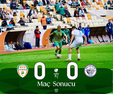 First image shows soccer players in green and white uniforms facing off on a grassy field with a ball at their feet, surrounded by a stadium crowd in orange seats and orange barriers, scoreboard overlay reads MYS 0 0 Erciyes with team logos. Second image captures a player in green striped jersey kicking a white soccer ball on green turf, other players in training gear visible in background near orange barriers and stadium seating. Third image depicts a player in green uniform dribbling a white soccer ball on the field, another player in white nearby, stadium with yellow seats and orange structures in background. Fourth image features a coach in black suit standing arms crossed on the sideline next to a player in red uniform, green field and stadium seating visible.