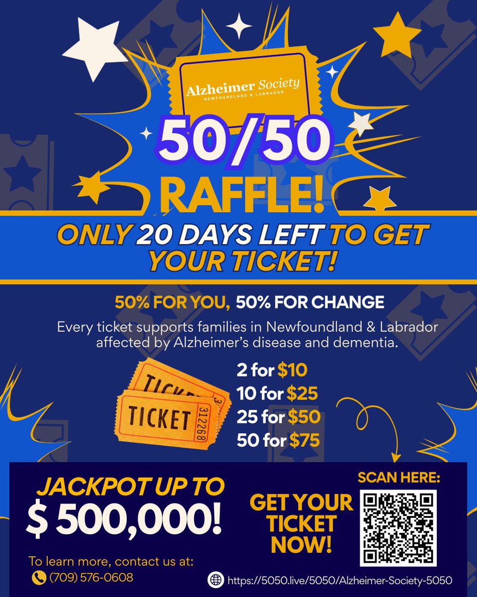 Only 20 days left to win up to $500,000 while supporting families affected by dementia in Newfoundland and Labrador.
50% for you, 50% for change. 

Get your ticket before November 2, 2025! Scan the QR code or visit alzheimer.ca/nl/en/whats-ha…