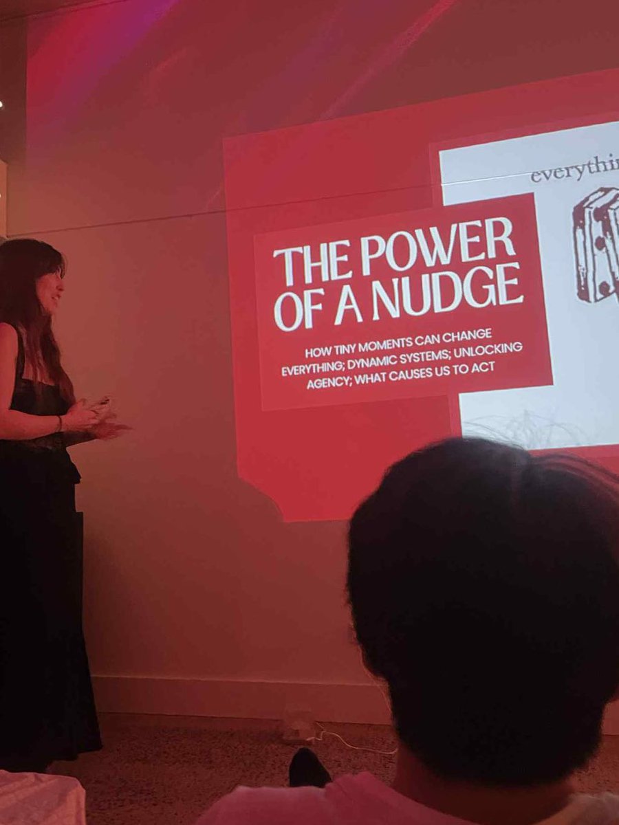 majamediaco's tweet photo. at our storytelling night on Friday, i presented on the power of a nudge, the idea that small comments can shift someone’s life trajectory in dramatic ways. some of my own biggest life changes began as nudges from friends. 🦋

in behavioural economics, nudge theory describes how subtle design choices influence behaviour, like putting fruit at eye level to encourage healthy eating.

but outside policy, nudges happen between people all the time. some of my own turning points started as tiny nudges:
— @mahlenr saying “you should tweet more” → led to my relationship and so many new friends, getting paid to tweet
— Marlene saying “you should write essays” → inspired me to try writing essays and began my Substack journey, which has been so meaningful and led me to quit my other full time job
— @manyorbits asking “have you been writing lately?” → rekindled my creative practice after I lost it

i used to think i was hyper-independent and entirely self-directed. now I see being influenced as a kind of openness, a willingness to be moved. being nudgable to me means being receptive to life’s invitations.

what’s magical is we can all offer these micro-nudges to others. a single sincere sentence can open a new timeline for someone.

i often underestimate how much power lives in everyday conversation, to help someone imagine a new future, or take a step they weren’t sure they could.

stay open to the nudges that find you, and don’t forget to pass them on 🦋